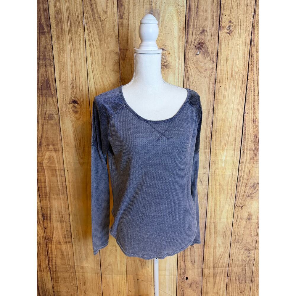 Lucky Brand Velour Waffle Knit Vintage Wash Blue Long Sleeved Tshirt Size S